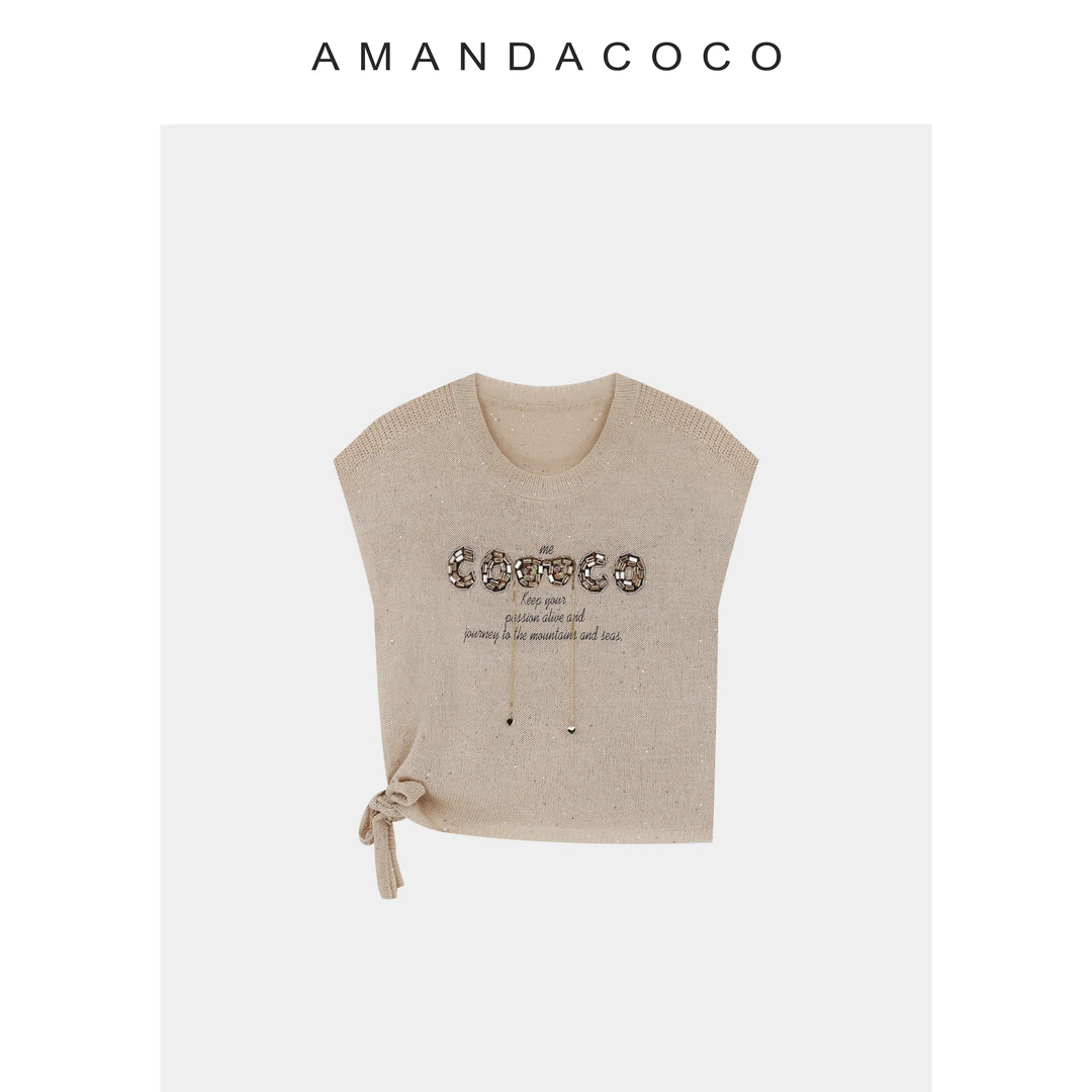 AMANDACOCO茜茜丨时髦假日～薄款亮片字母拼接显瘦系带短袖针织衫