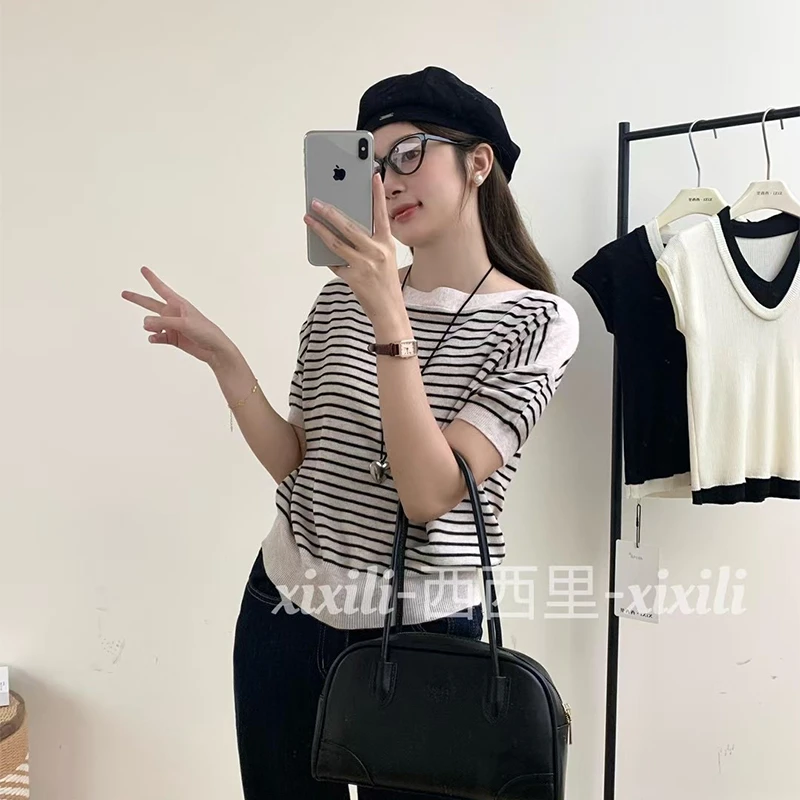 韩版撞色条纹宽松显瘦上衣T恤夏季新款设计感小众休闲圆领针织衫