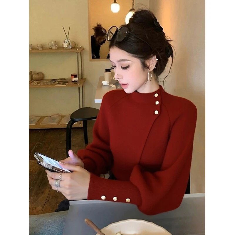 安可拉红针织衫2025秋季高端小资绝美巨好看气质蝙蝠袖收腰上衣女