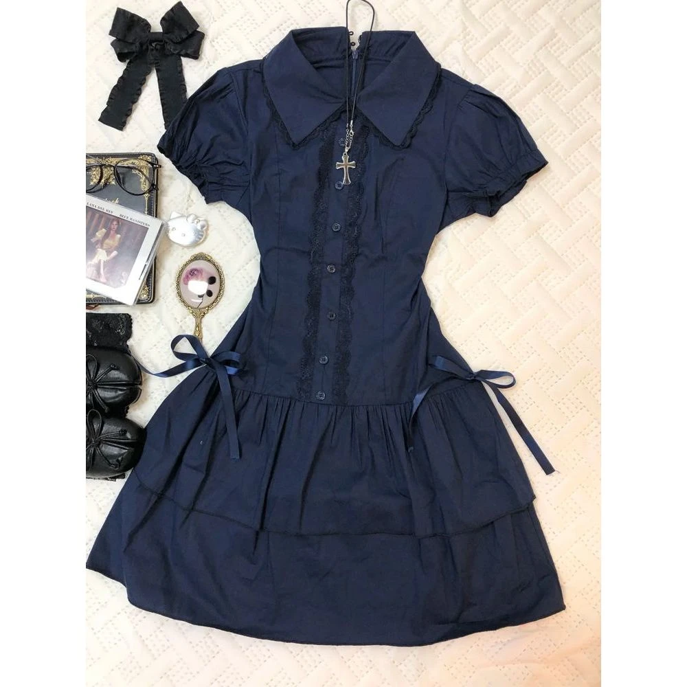 vintage复古穿搭学院风蕾丝边拼接蓝色复古衬衫连衣裙古着风短裙