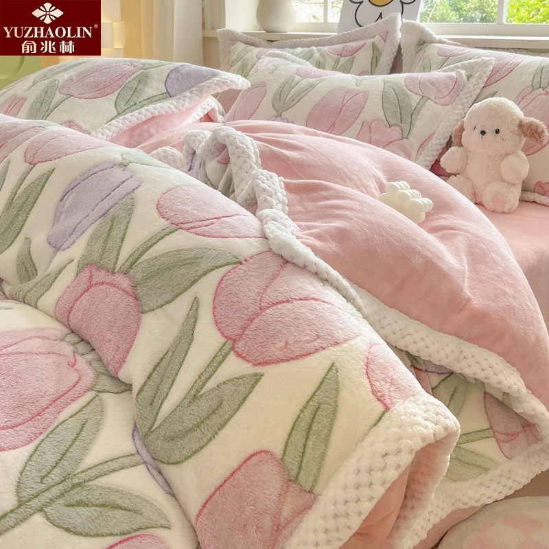 俞兆林卡通印花雪花绒床上四件套双面牛奶绒亲肤保暖被套宿舍单人
