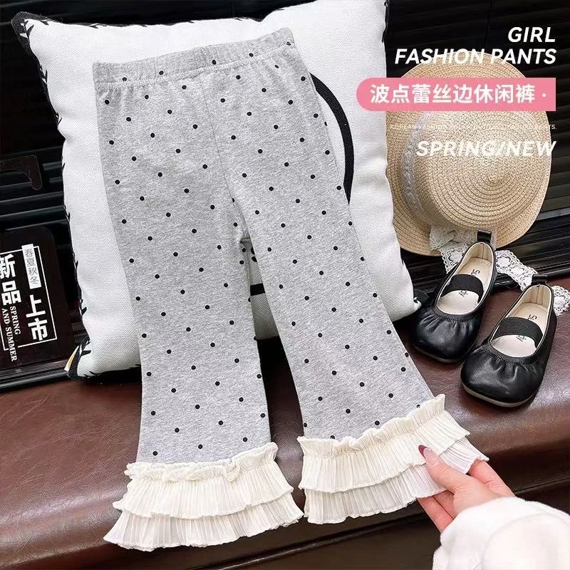 2025新款女童春秋薄款洋气长裤韩版休闲裤童裤波点蕾丝小童外穿