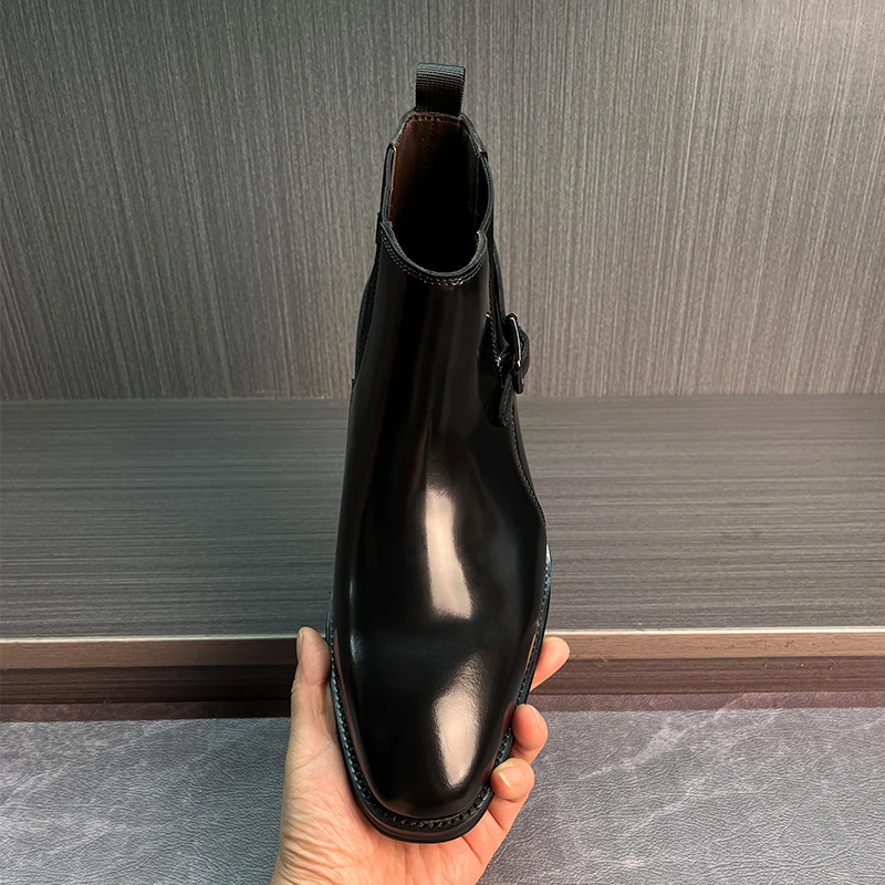 秋冬新款套脚切尔西靴难真皮尖头加绒保暖商务正装高帮皮鞋亮皮潮