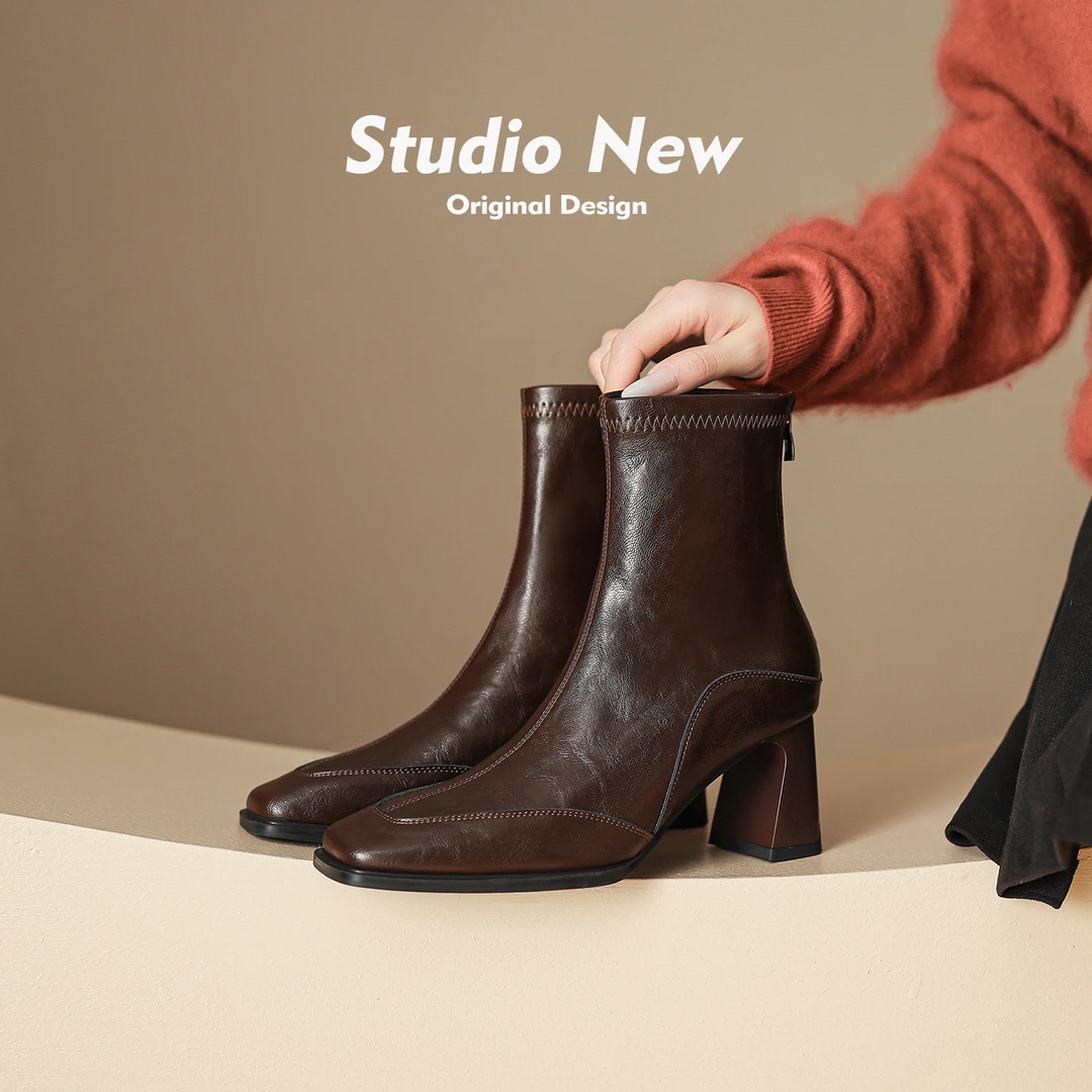 韩系瘦瘦靴~~复古法式粗跟短靴显瘦高跟靴子优雅时装靴-25093-2