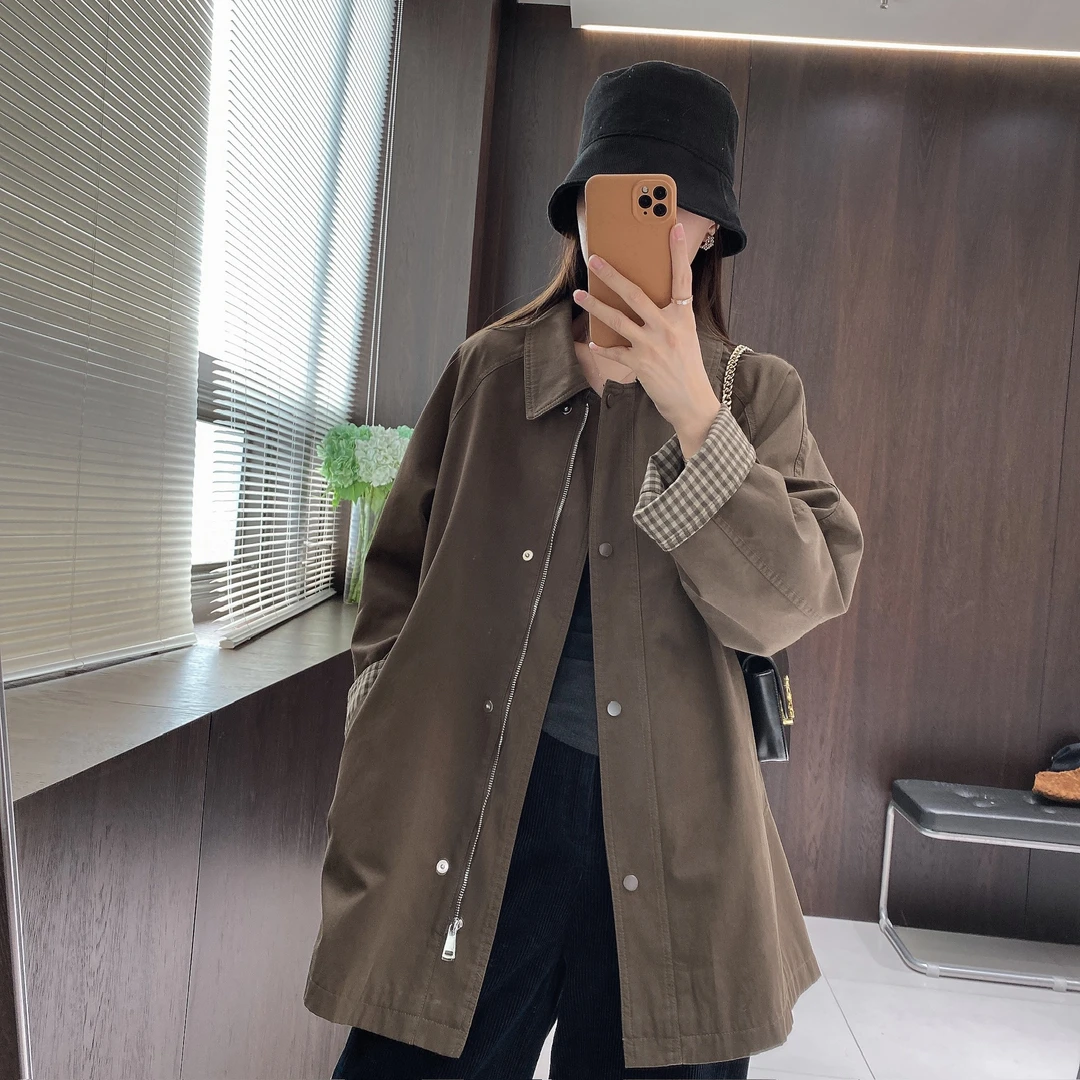 IMFLY金小金自制女装 风衣DYW9818秋季韩系格纹拼接翻领风衣外套