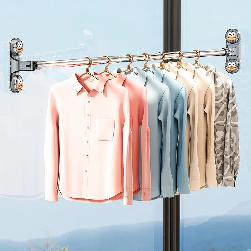 吸盘毛巾杆家用飘窗室内伸缩晾衣架阳台窗户晒衣服免打孔晾晒神器