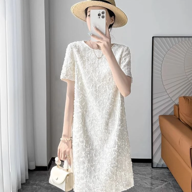 新款女米白色小香风连衣裙女短袖夏季新款提花肌理感小个子直