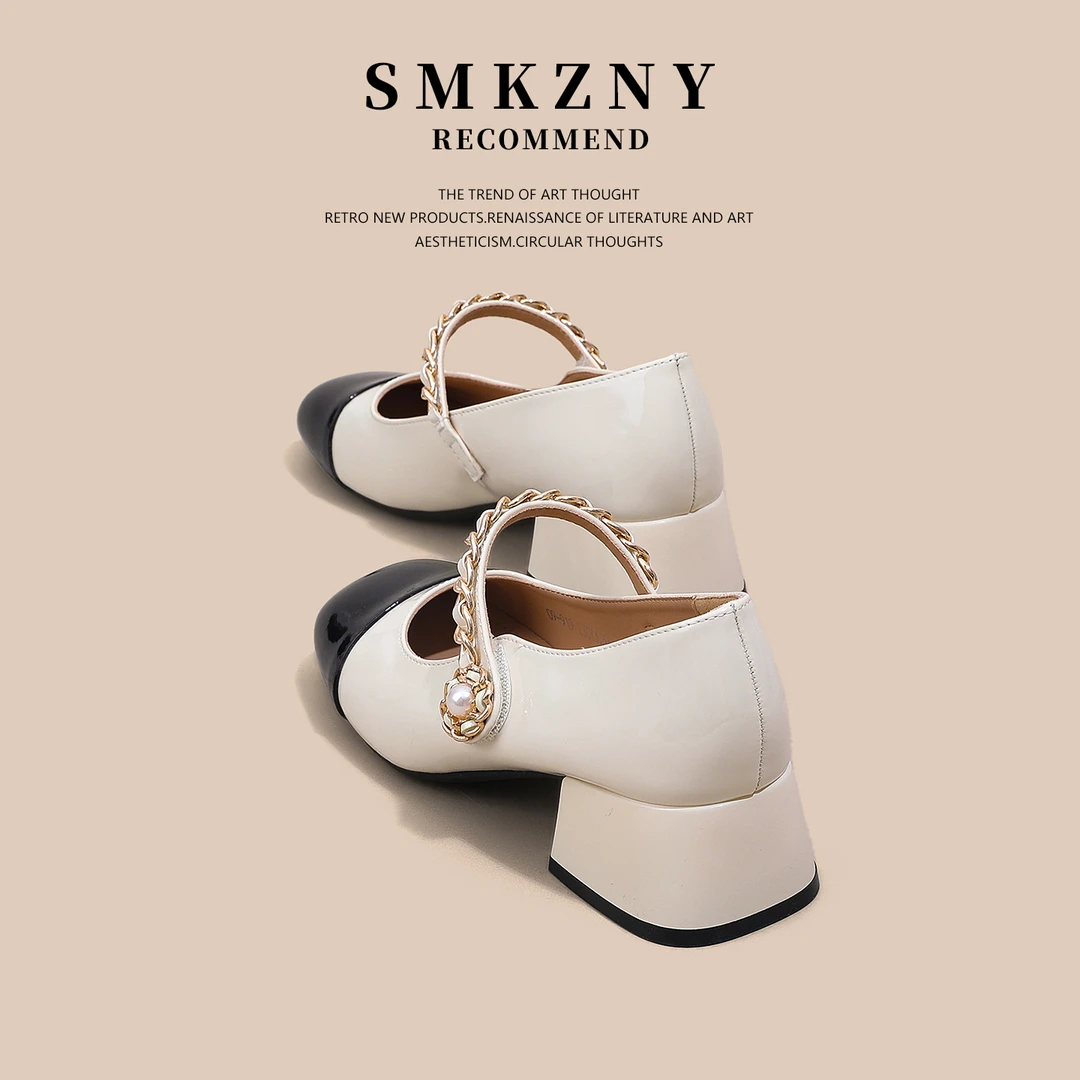 玛丽珍女鞋2025新款夏季鞋子百搭漆皮拼接女士浅口粗跟单鞋09-919