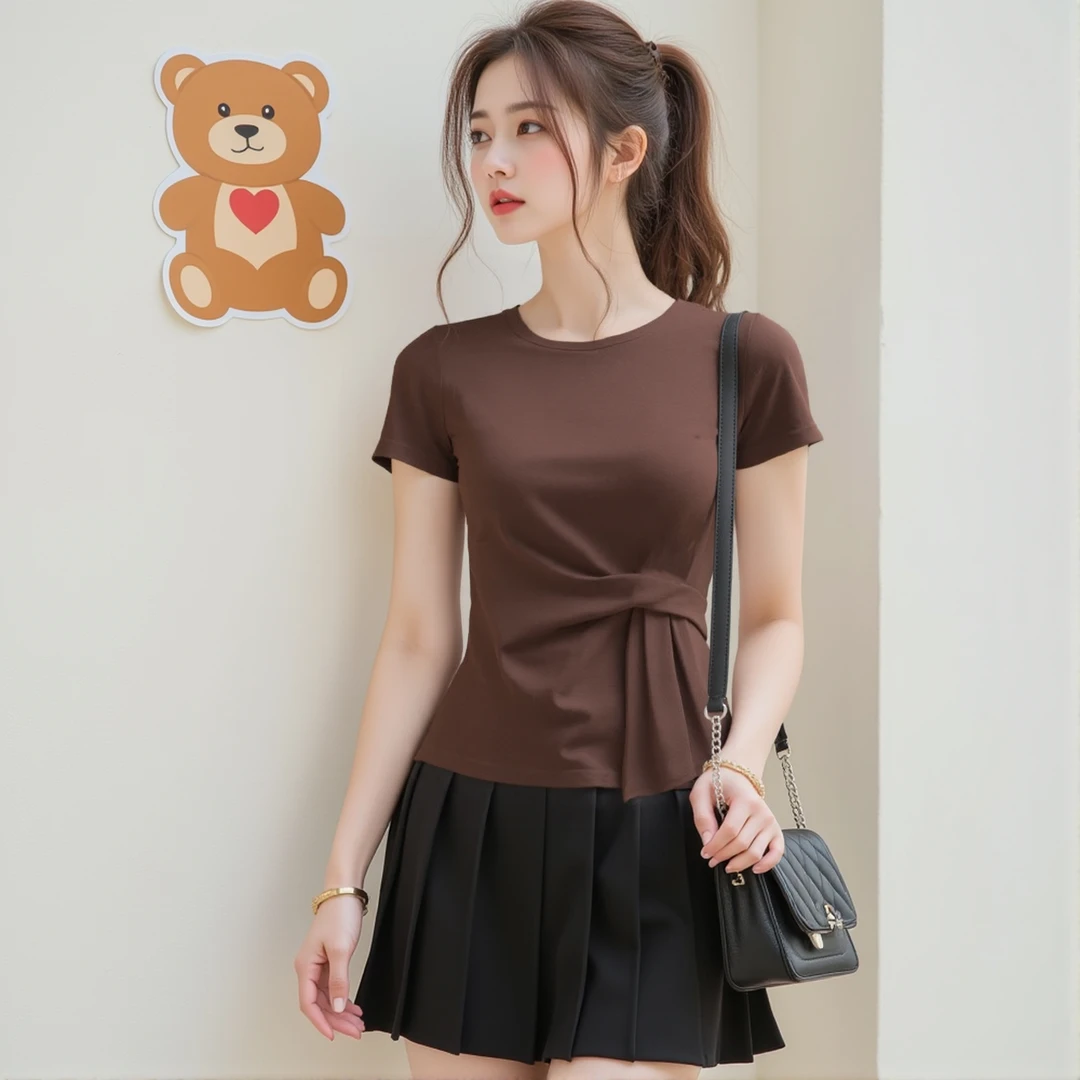 港风正肩女士短袖新款2025爆款时尚洋气T恤夏季显瘦大码微胖上衣