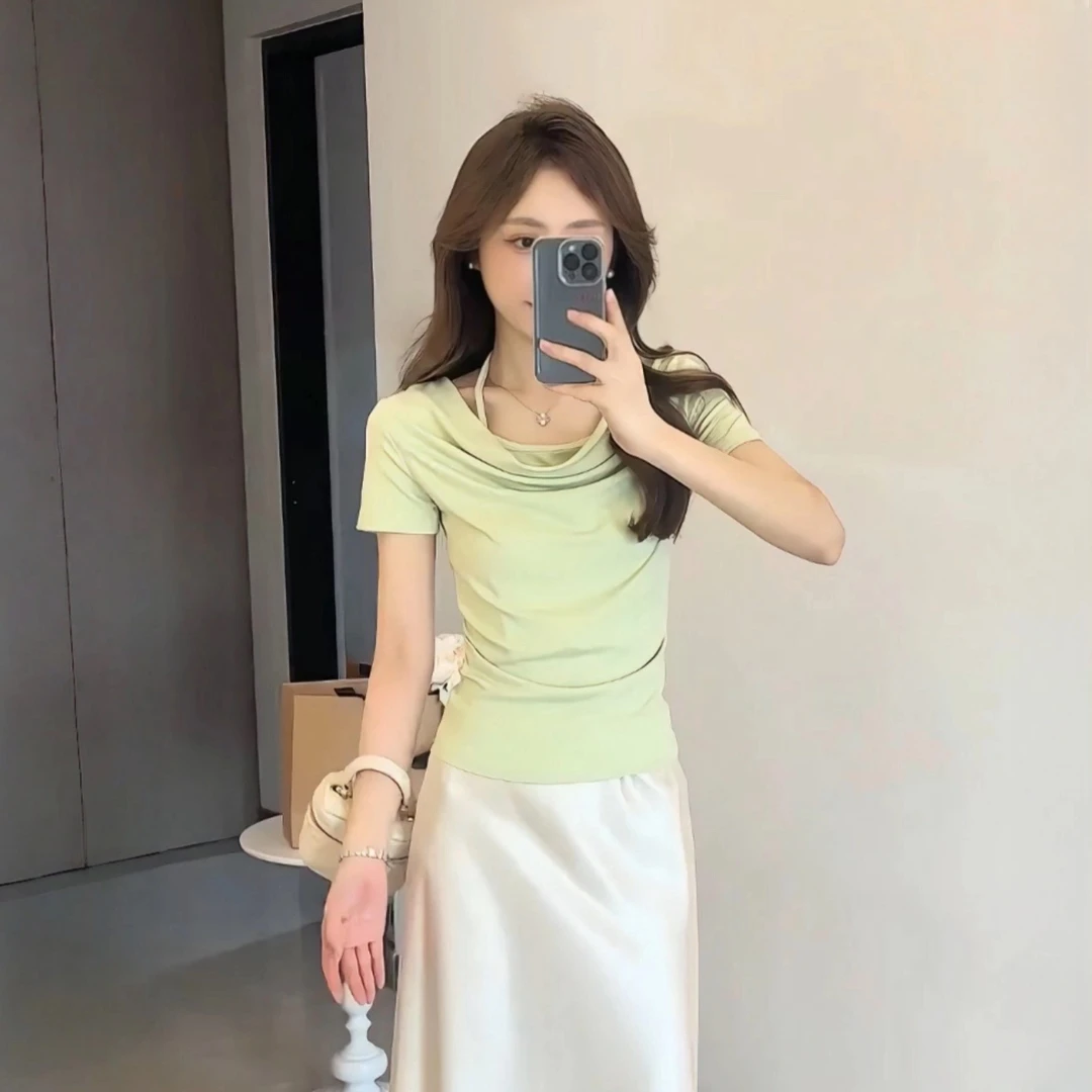 气质显瘦大码女装荡领吊带假两件短袖上衣2025夏