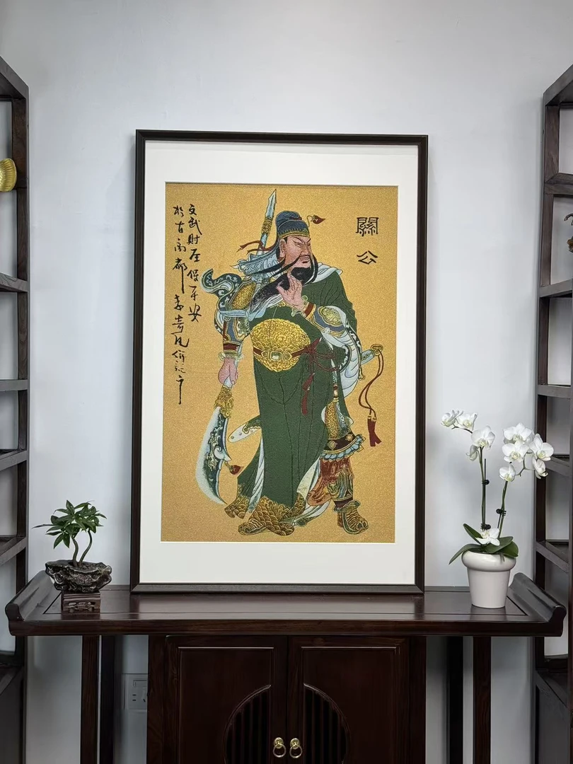 关二爷刺绣实木挂画适合客厅玄关书房茶室办公室装饰
