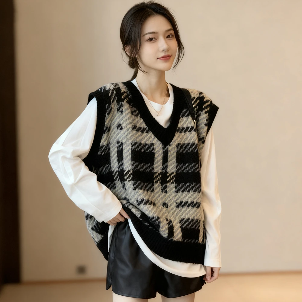 格子v领坎肩毛衣马甲女秋冬新款内搭白色T恤叠穿针织背心两件套装