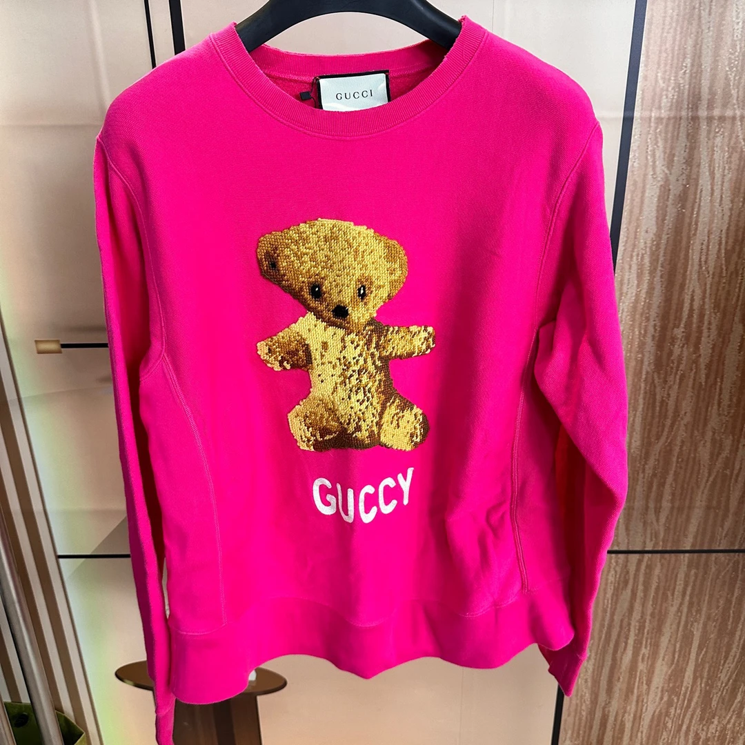 99新 GUCCI/古驰  粉色泰迪熊圆领卫衣 L码 时尚休闲百搭