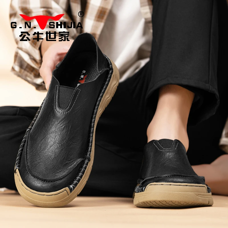 公牛世家男士休闲一脚蹬英伦风时尚休闲皮鞋舒适通勤春季薄款
