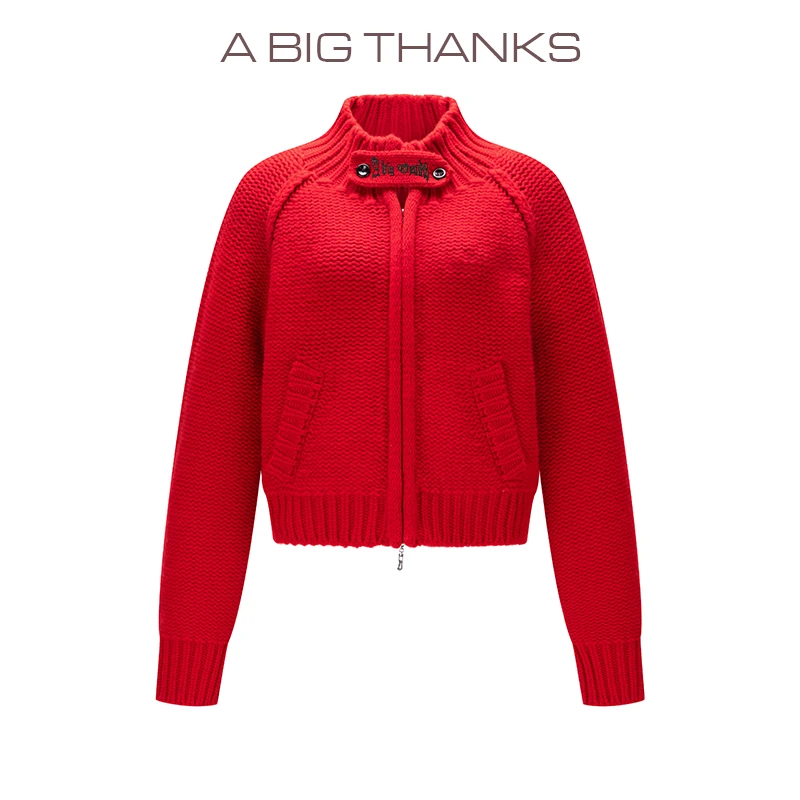 ABIGTHANKS羊毛刺绣毛衣廓形红色开衫ABT2022476休闲翻领短款长袖