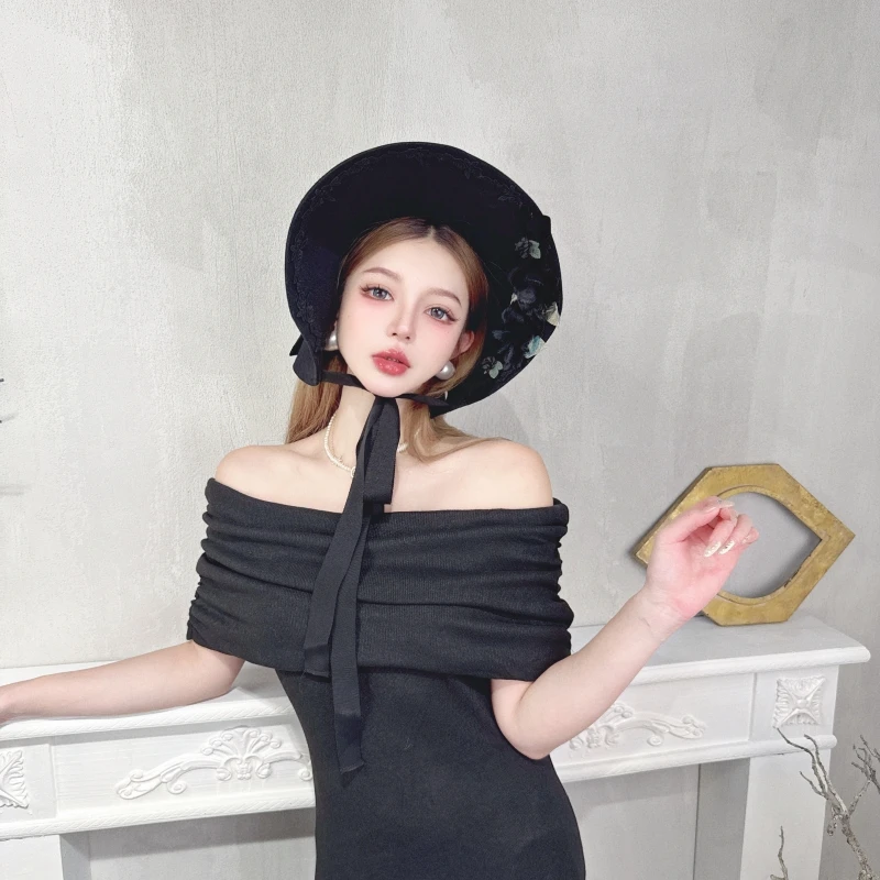 CREAMPP 独立设计澳毛呢lolita法式优雅复古玫瑰女郎系绳大檐礼帽