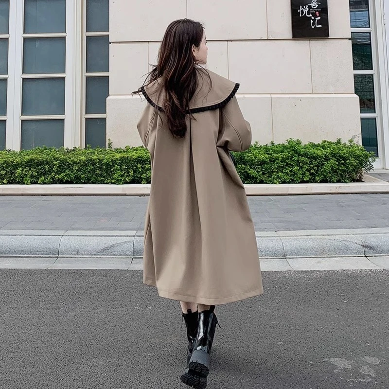 孕妇秋装娃娃领风衣外套女春秋新款韩版大码宽松小个子中长款大衣