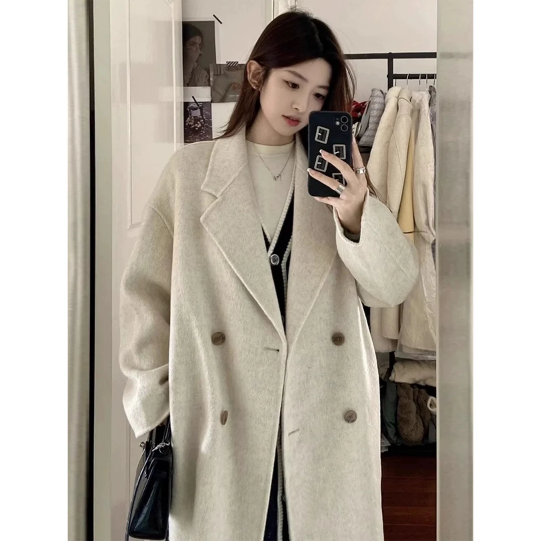 米白色双面大衣女秋冬大码胖mm超好看赫本风外套3-135