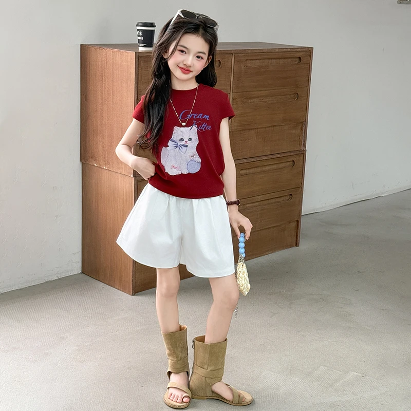 女童夏季t恤套装2025新款韩版洋气薄款儿童装休闲短袖短裤两件套