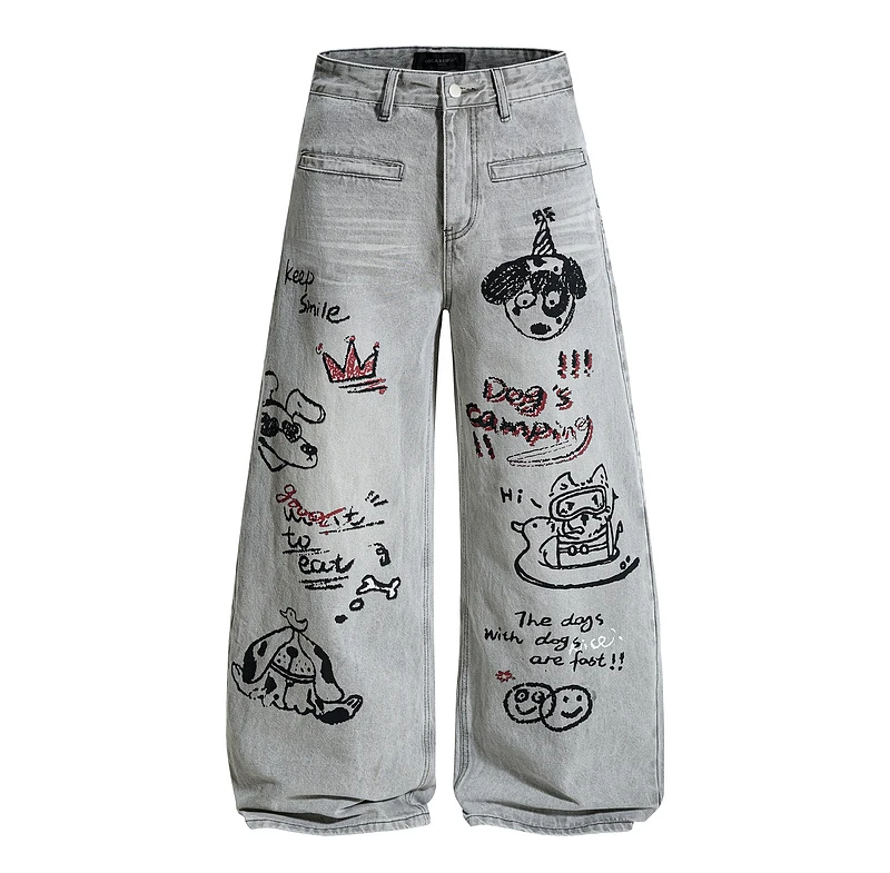 美式复古做旧水洗趣味卡通印花宽松阔脚牛仔裤欧美街头中性风长裤