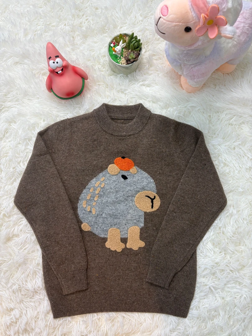 100羊毛秋冬厚款长袖卡通圆领卡通动漫几何图案童装女毛衣时尚