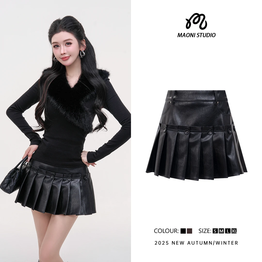 毛妮LADIESFIRST【黑褶星芒】辣妹风皮裙高腰百褶A字半身裙L2480