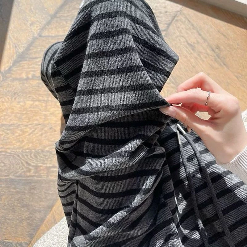 复古黑白条纹阔腿裤女高腰遮肉宽松修身慵懒休闲裤255ZB