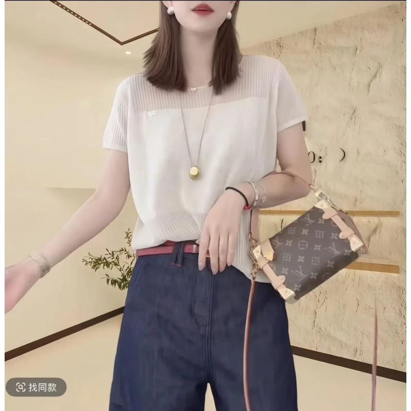 【赠运费补贴】莱赛尔~高定！时尚圆领宽松显瘦百搭镂空短袖上衣112