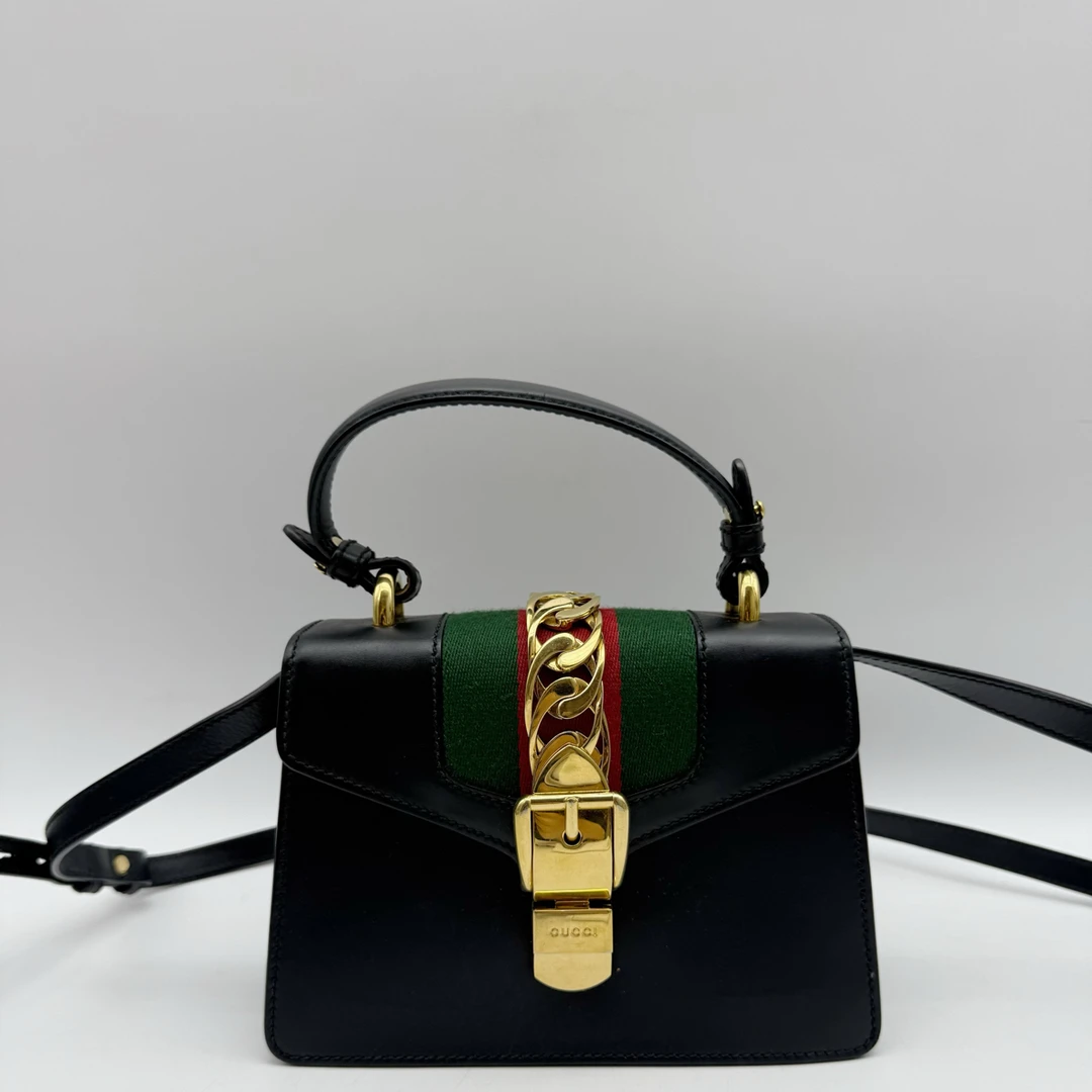 95新 GUCCI/古驰 黑色sylvie小号手提包 单肩斜挎包50895