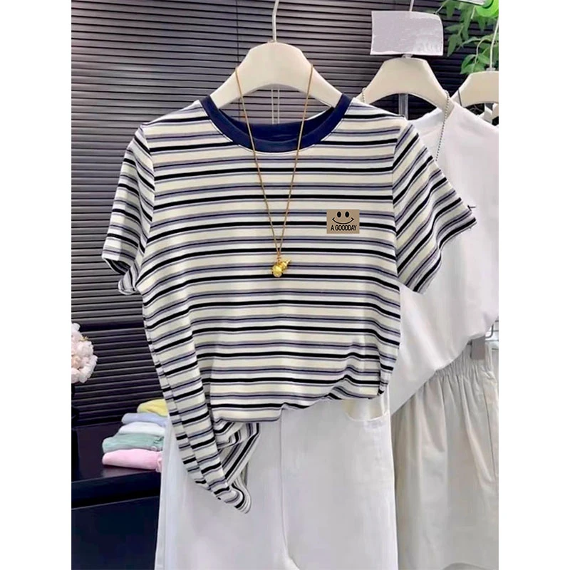 2025夏季新款拼色条纹圆领正肩短袖t恤女装小众高级设计感上衣潮