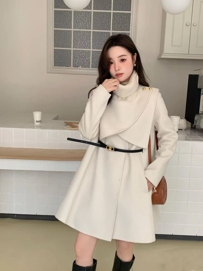 高级感毛呢外套冬季新款长款可拆卸斗篷呢大衣毛呢大衣修身显瘦