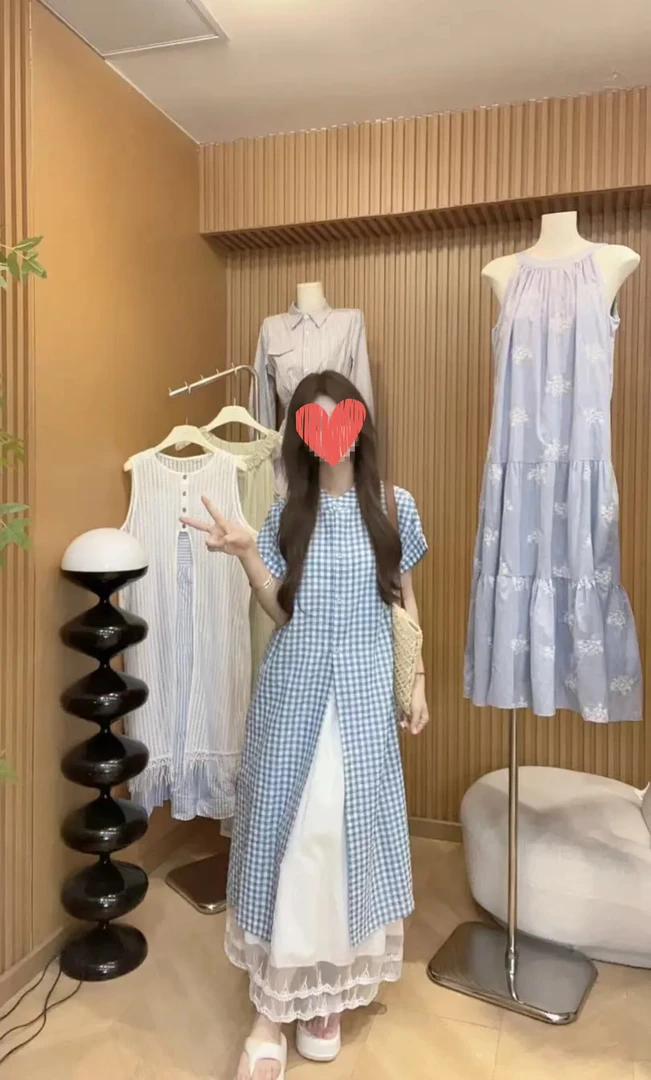 格纹长款设计感度假风短袖衬衫女夏季新款宽松休闲时尚套装