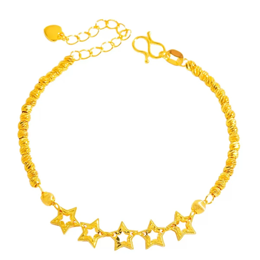 黄铜手链 MOLAMI 镀K金爆闪碎碎冰镂空五角星斜纹珠手链手环