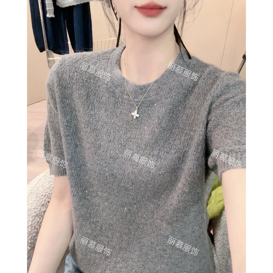 【纹理短袖】亮片褶皱纹理纯色薄款针织短袖T恤1372