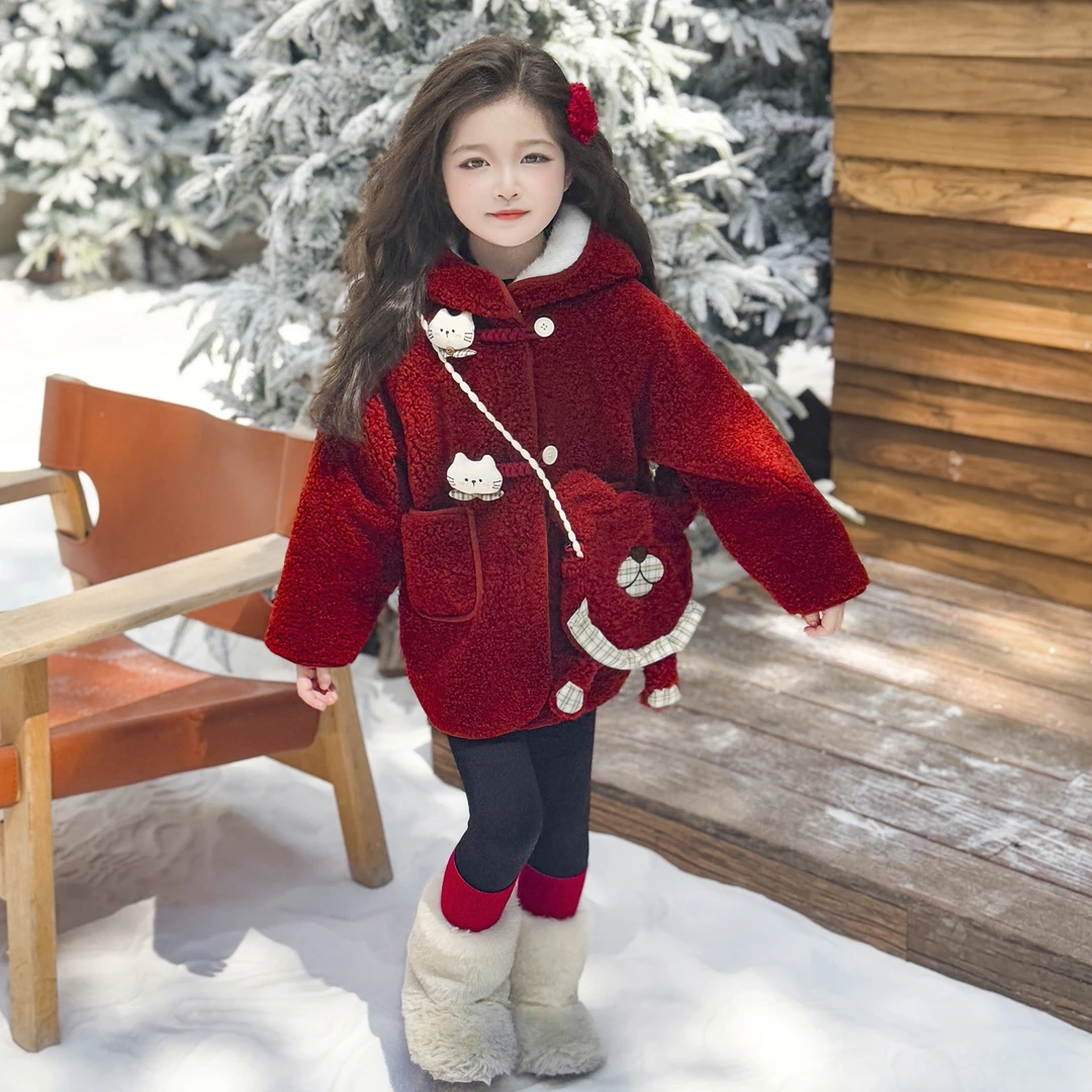 女童加绒外套秋冬季2025新款儿童连帽加厚毛毛衣洋气宝宝甜美上衣
