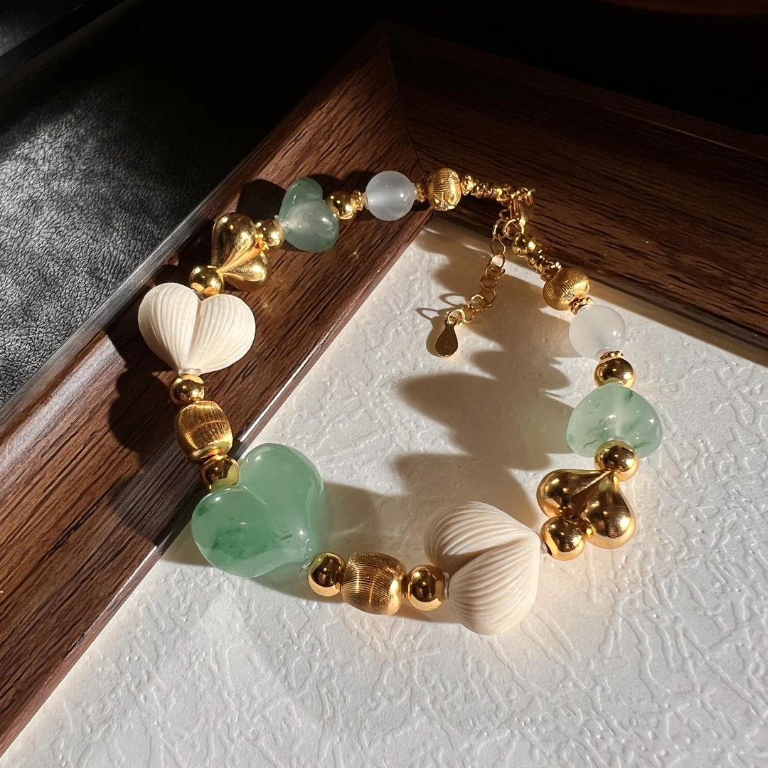 重工孤品天然玉石非洲翠屁桃爱心猛犸单圈手串s925银镀金晴底冰飘