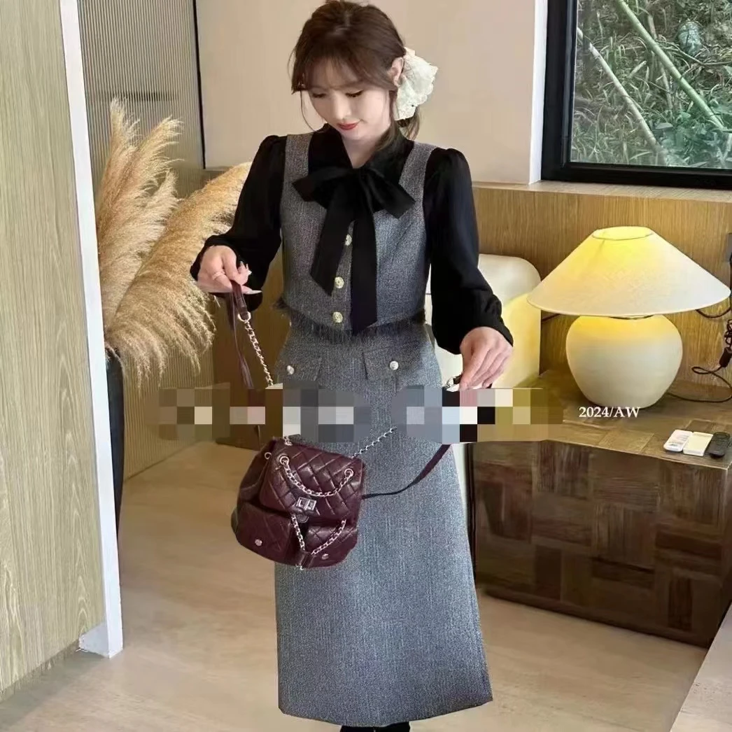 923款 年货蝴蝶结衬衫马甲半身裙小香风减龄三件套