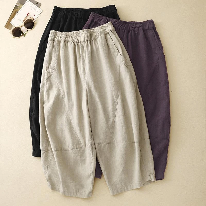 FAVMARTHA棉麻灯笼阔腿裤女夏季薄款七分裤2025新款妈妈裤子大码