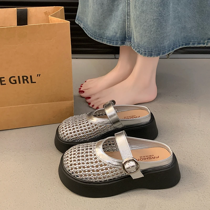 高级感包头凉拖女外穿厚底勃肯鞋半拖2025夏新款网面镂空松糕拖鞋