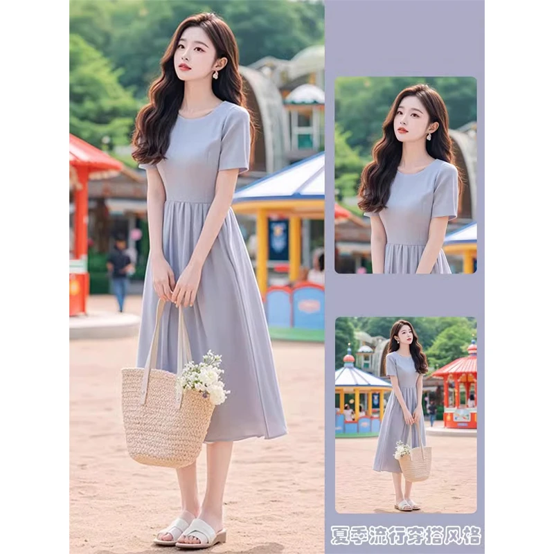 今年流行简单大方小众不撞款夏天雪纺冷淡系独特别致蓝色连衣裙子