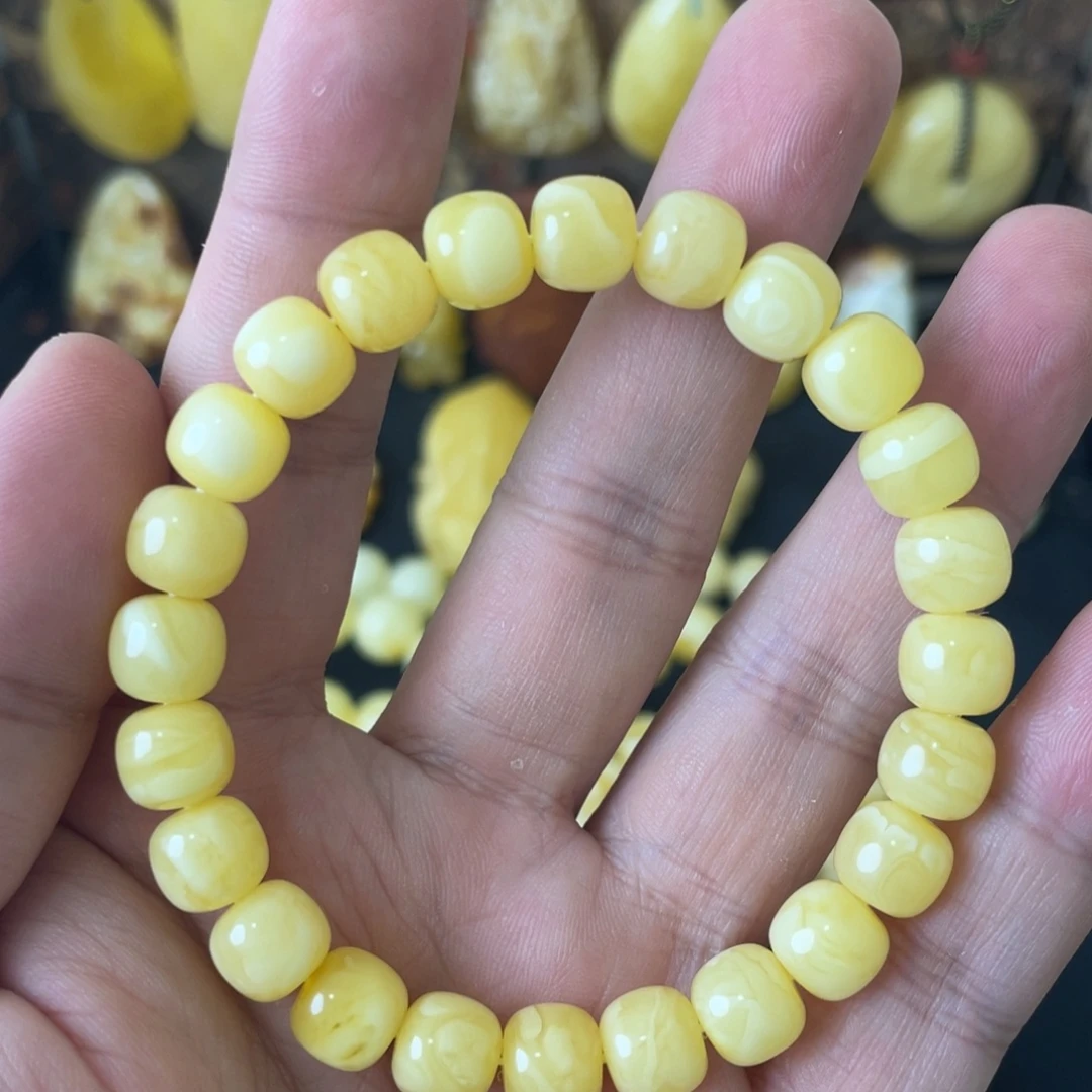 琥珀未镶嵌手串9mm俄料浓蜡黄白花精工老型手串