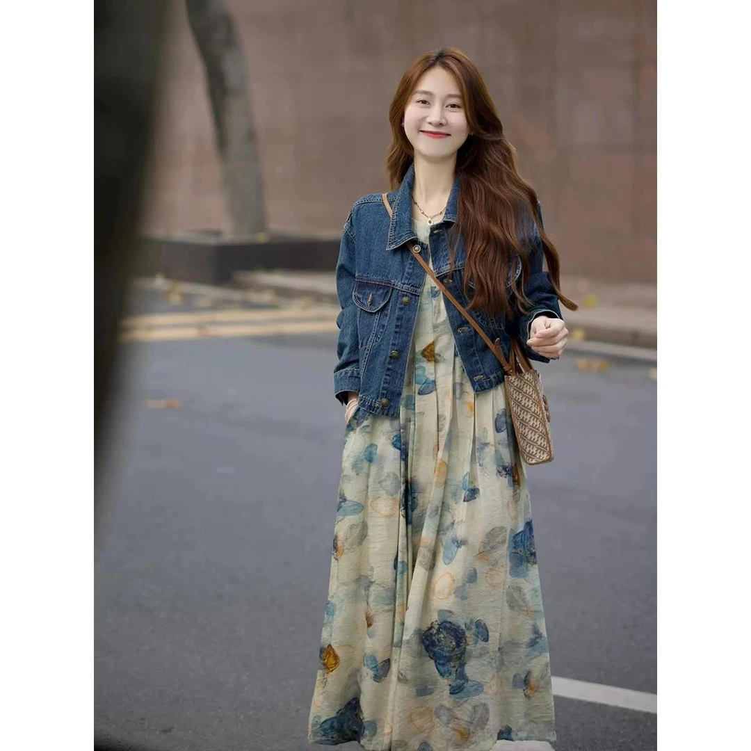 秋装搭配一整套大码胖mm牛仔外套水墨画连衣裙轻熟减龄两件套装女