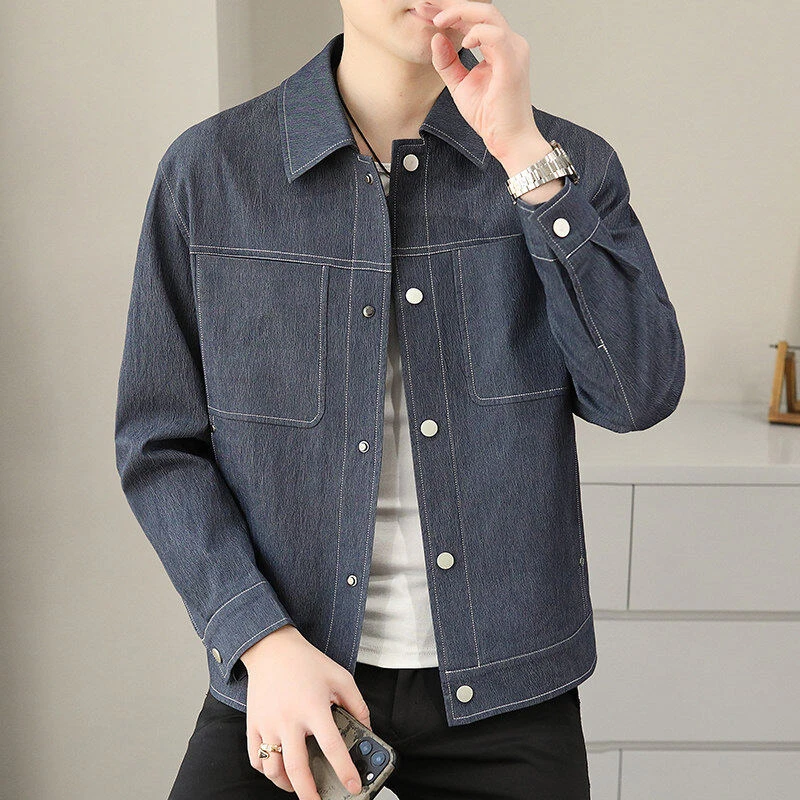 2025春款缉明线棉质工装翻领夹克仿牛仔宽松休闲薄款春秋外套9818