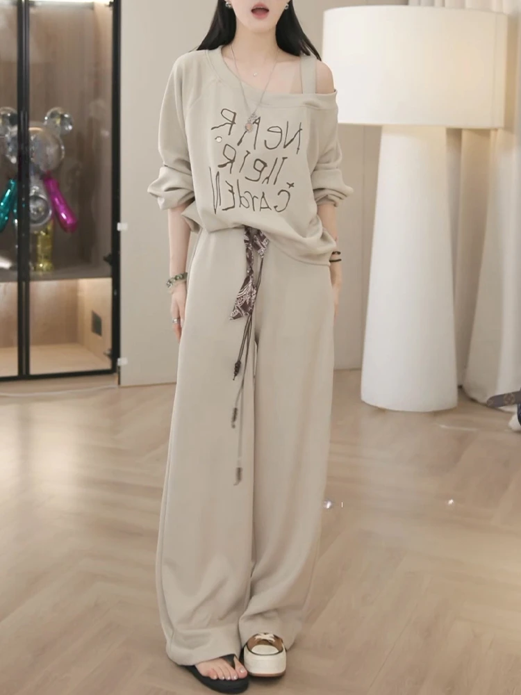 清纯系松弛感两件套女秋季新款字母印花露肩上衣抽绳休闲长裤套装