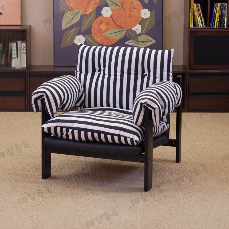 休闲沙发椅实木高靠背家用设计师懒人沙发法式中古轻奢懒人单人椅