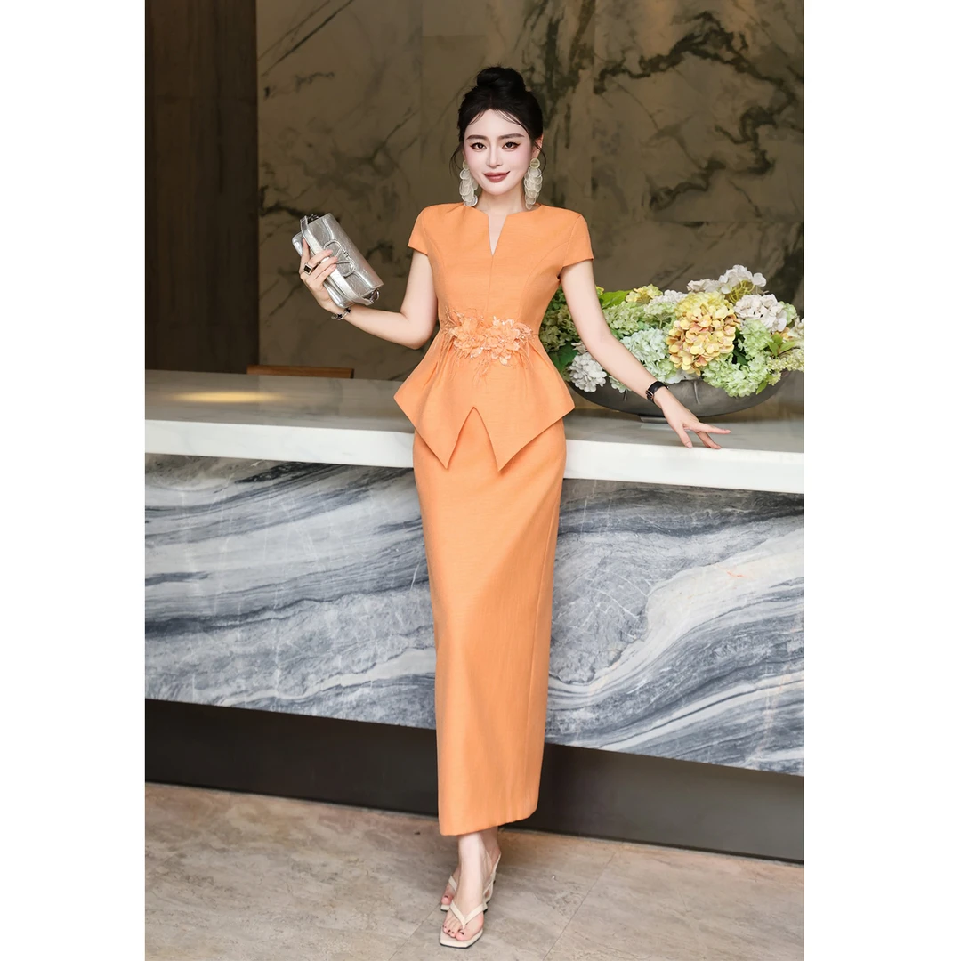 欧美法式女装立体花朵收腰不规则上衣上衣半身裙商务气质女神套装