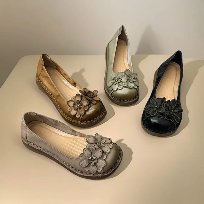 真皮民族风花朵薄款浅口防滑夏季软底舒适（61325）