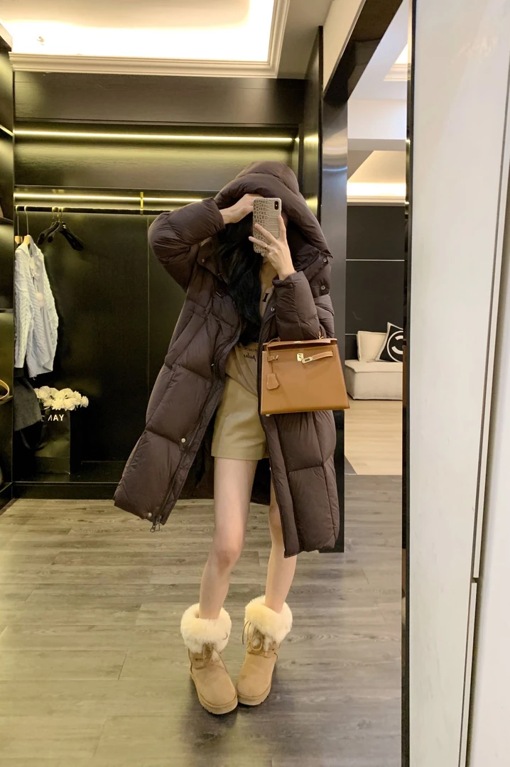 新国标90白鸭绒韩版百搭长款时尚羽绒服休闲连帽宽松