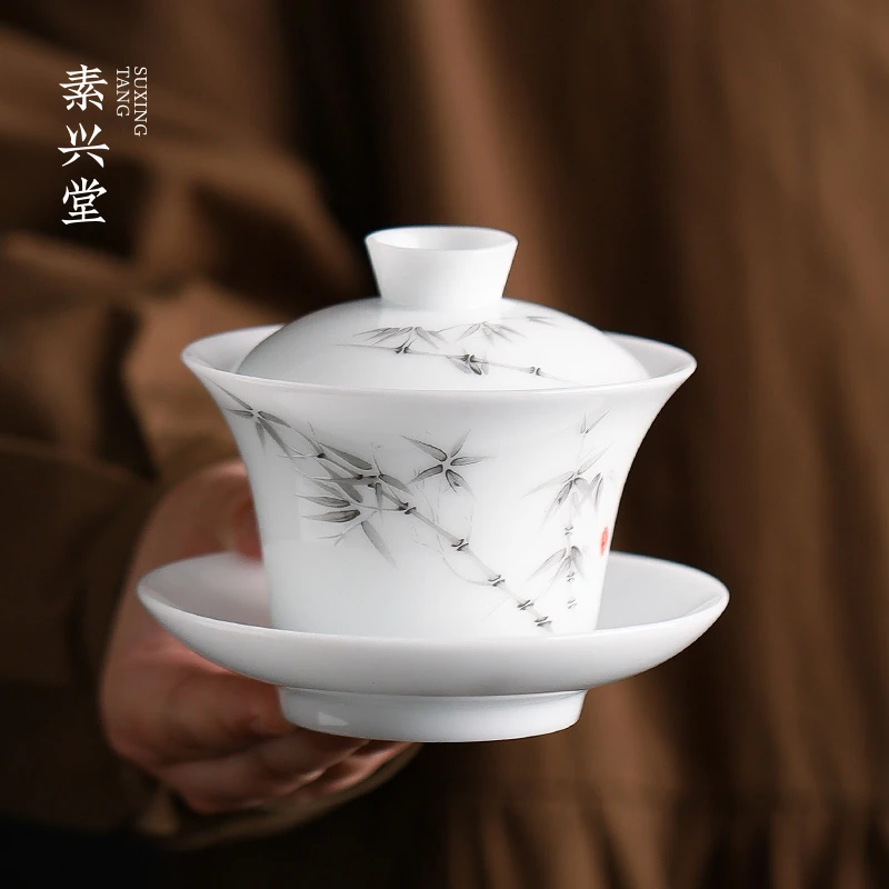 素兴堂冰种玉瓷三才盖碗茶杯陶瓷单个德化白瓷悬停薄胎带盖泡茶碗