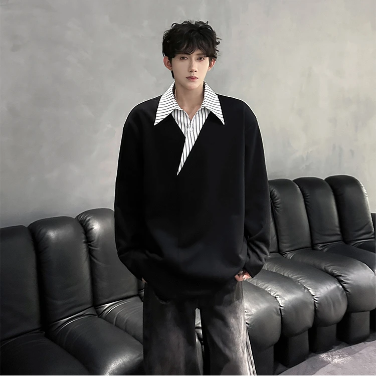 美式假两件拼接设计长袖T恤男春秋高街痞帅宽松内搭休闲翻领上衣